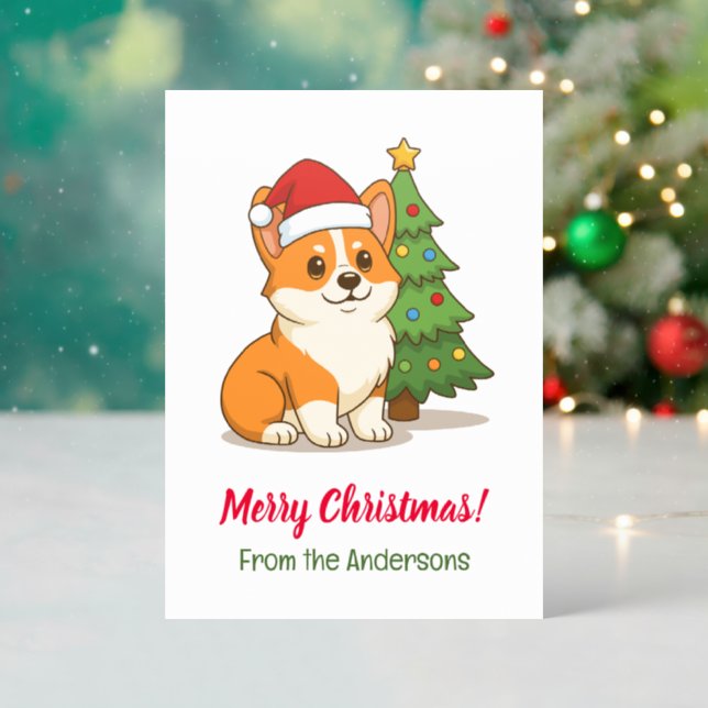 Cute Corgi Dog Red Hat Christmas Tree Letterpress Photo Cards (Front (Into))