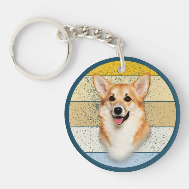 Cute Corgi Dog Retro Background Keychain (Front)