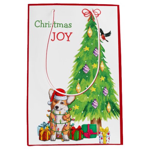 Cute Corgi Dog Santa Hat and Christmas Tree Medium Gift Bag