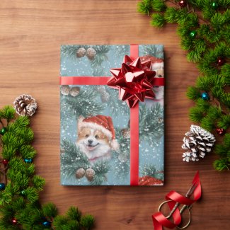 Cute Corgi Dog Santa Hat Fir Branches Pine Cones