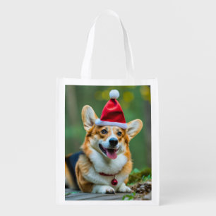 Cute Corgi dog Smiling with Christmas hat Grocery Bag