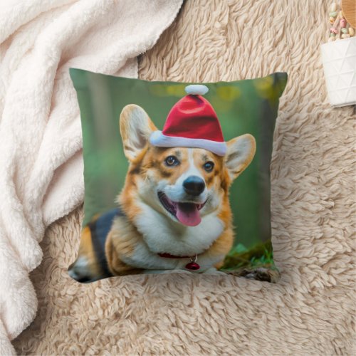 Cute Corgi dog Smiling with Christmas hat Throw Pillow