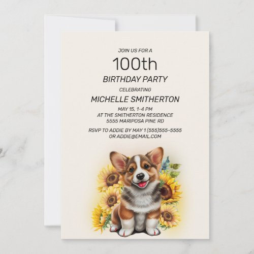 Cute Corgi Dog Sunflowers 100th Birthday Invitation