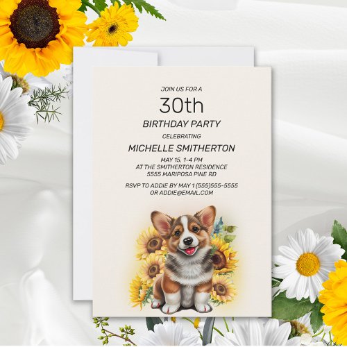 Cute Corgi Dog Sunflowers 30th Birthday Invitation