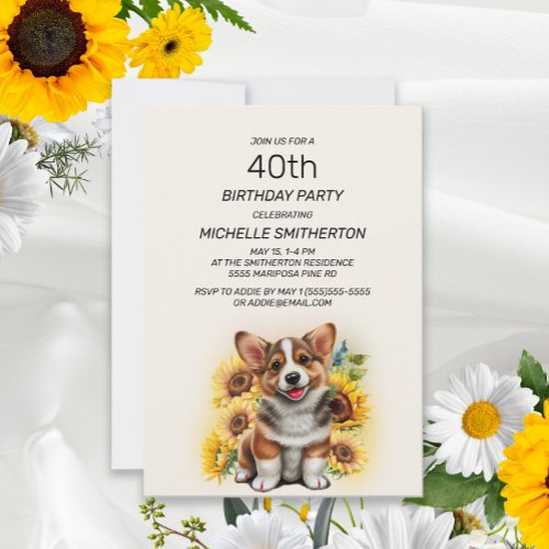 Cute Corgi Dog Sunflowers 40th Birthday Invitation