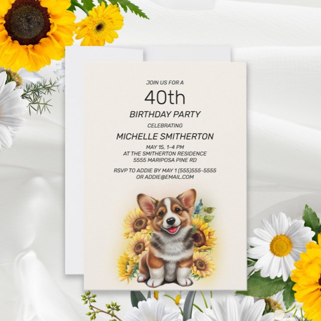 Cute Corgi Dog Sunflowers 40th Birthday Invitation (Creator Uploaded)