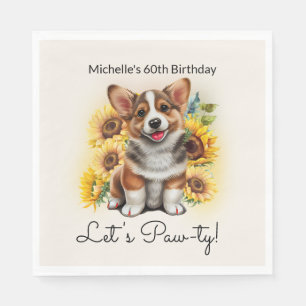 Cute Corgi Dog Sunflowers 60th Birthday Napkins