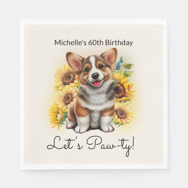 Cute Corgi Dog Sunflowers 60th Birthday Napkins (Front)