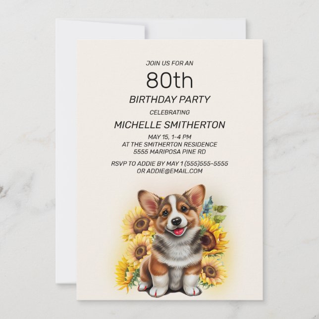 Cute Corgi Dog Sunflowers 80th Birthday Invitation (Front)