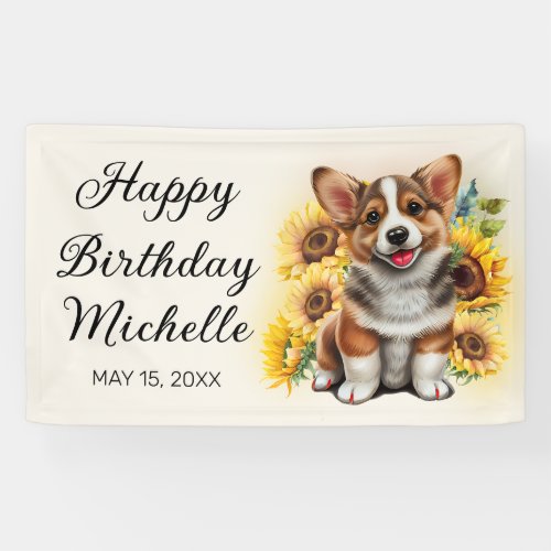 Cute Corgi Dog Sunflowers Birthday Banner