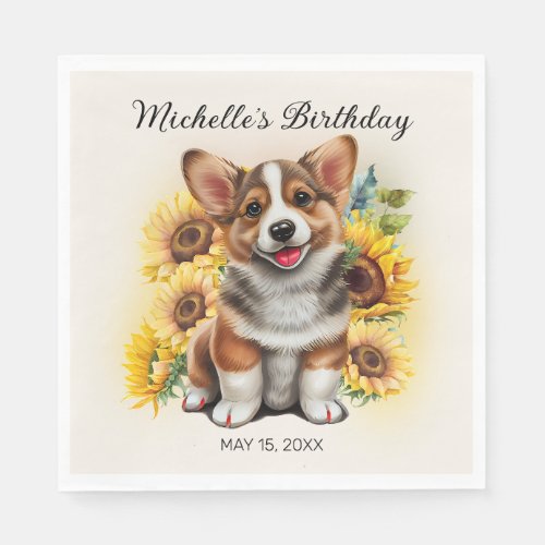 Cute Corgi Dog Sunflowers Birthday Napkins