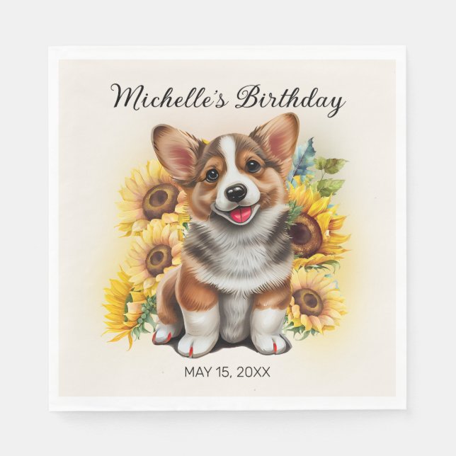 Cute Corgi Dog Sunflowers Birthday Napkins (Front)