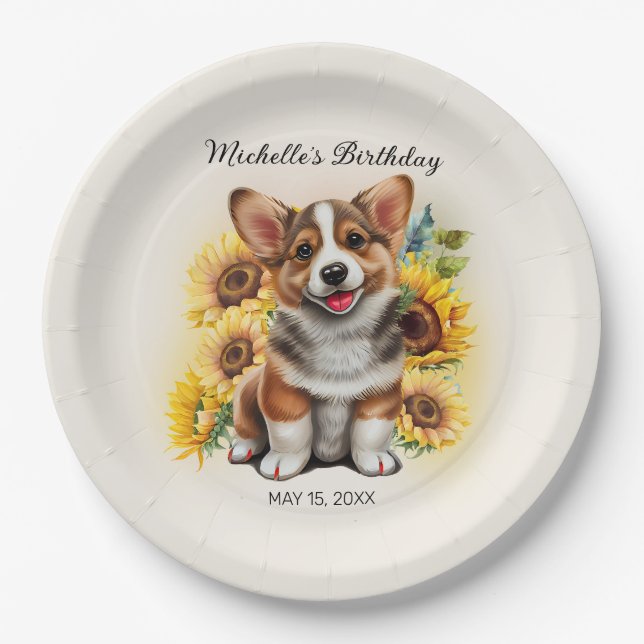 Cute Corgi Dog Sunflowers Birthday Paper Plates (Front)