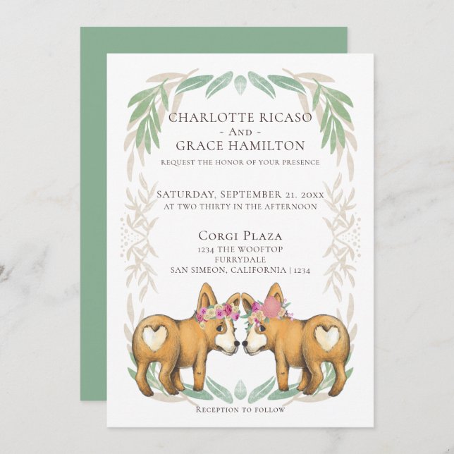 Cute Corgi Dog Two Brides Gay Wedding Invitation (Front/Back)