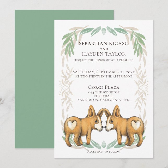 Cute Corgi Dog Two Grooms Gay Wedding Invitation (Front/Back)