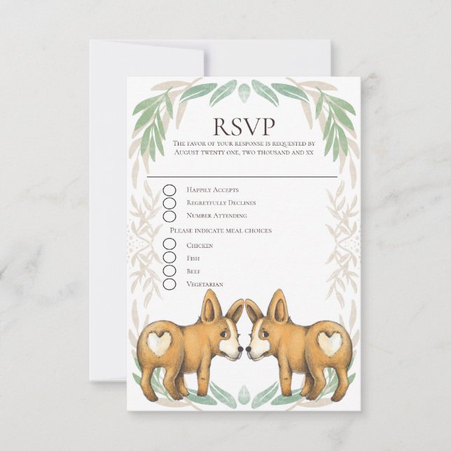 Cute Corgi Dog Two Grooms Gay Wedding RSVP (Front)