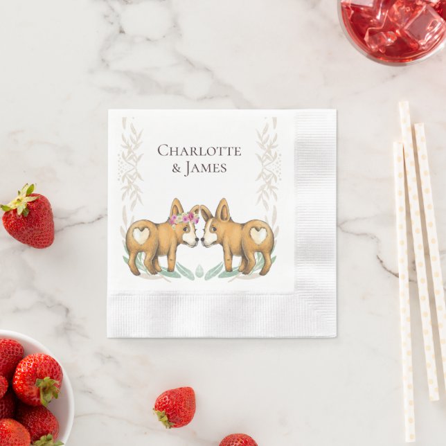 Cute Corgi Dog Wedding Couple Personalized Napkins (Insitu)