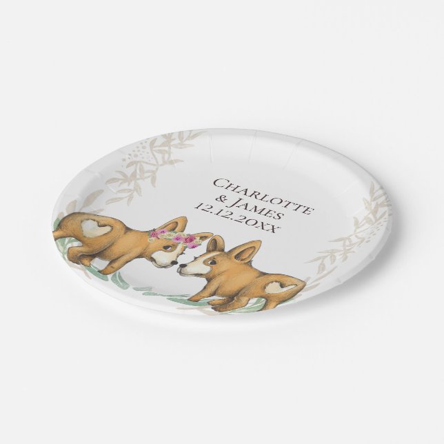 Cute Corgi Dog Wedding Couple Personalized Paper Plates (Angled)