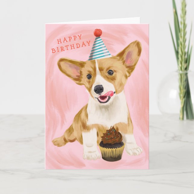 Cute Corgi Dog with Cupcake Birthday Card (Front)