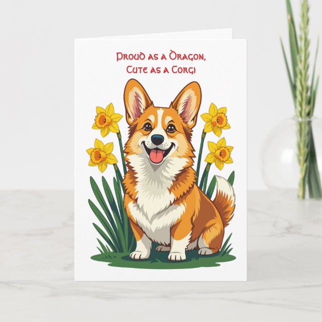 Cute Corgi Dog With Daffodils Card (Front)