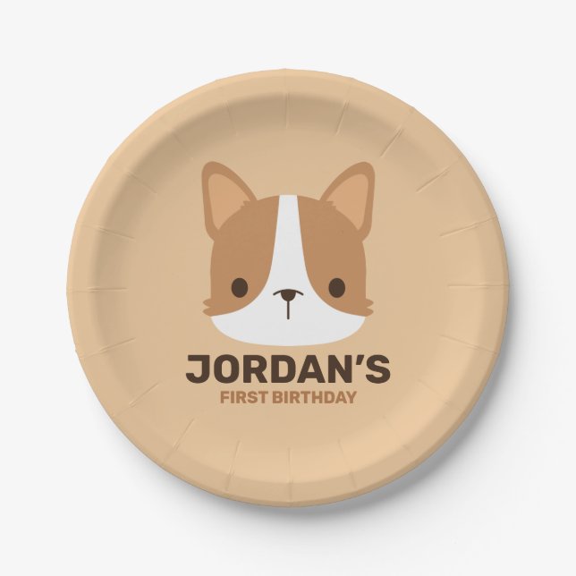 Cute Corgi Dog with Personalized Name Paper Plates (Front)