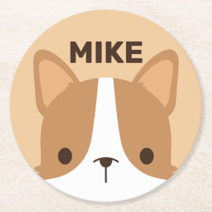 Cute Corgi Dog with Personalized Name Round Paper Coaster