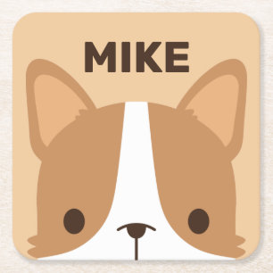 Cute Corgi Dog with Personalized Name Square Paper Coaster