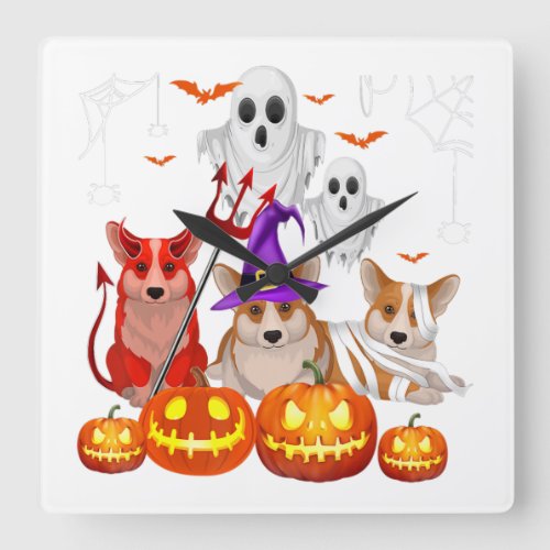 Cute Corgi Dogs Mummy Witch Demon Satan Halloween Square Wall Clock