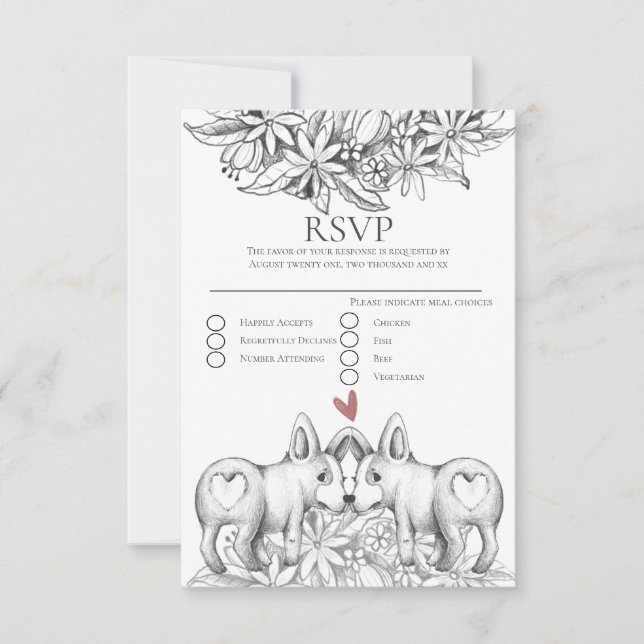 Cute Corgi Dogs Pencil Drawing Wedding RSVP Card (Front)