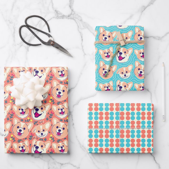 Cute Corgi Dogs Wrapping Paper Sheets (Front)