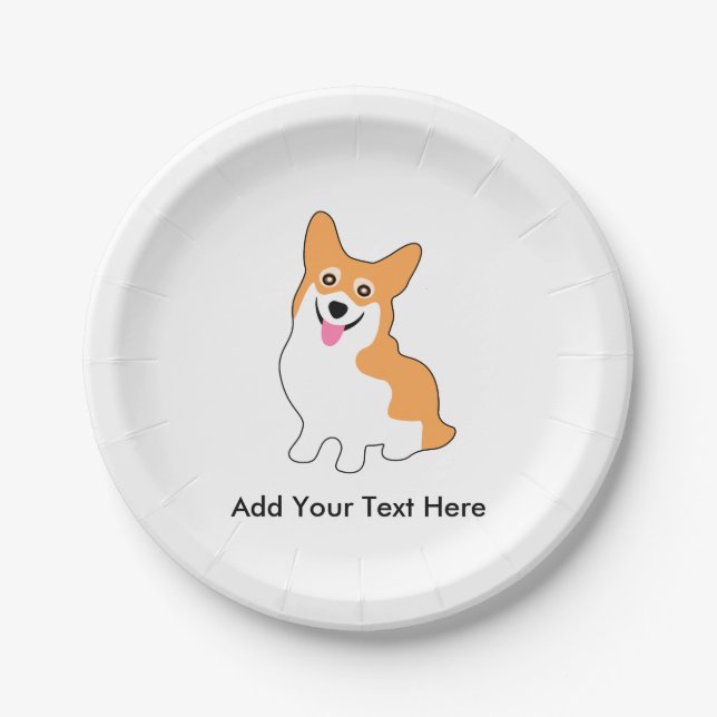 Cute Corgi Drawing - Add Your Own Text Paper Plates (Front)