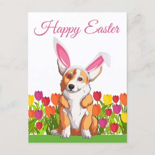 Cute Corgi Easter Bunny Ears Tulip Flowers Postcard