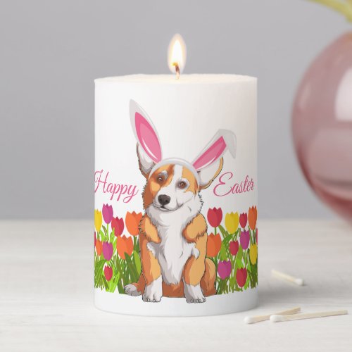 Cute Corgi Easter Bunny Floral Pillar Candle