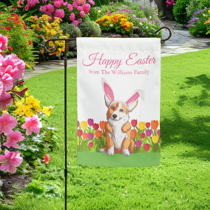 Cute Corgi Easter Bunny Flowers Custom Garden Flag