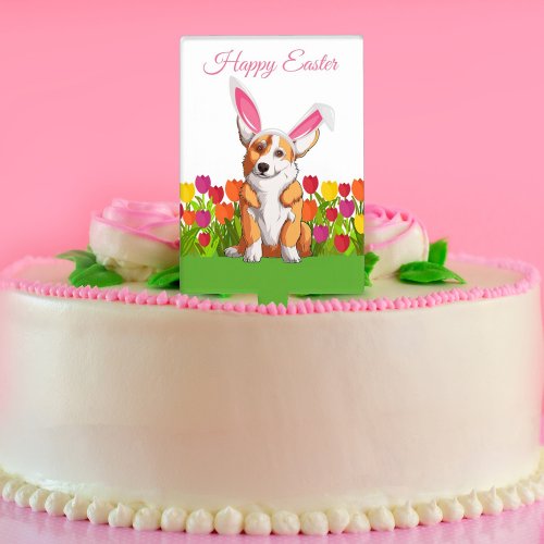 Cute Corgi Easter Bunny Tulip Flowers Party Cake Topper