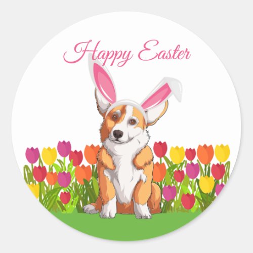 Cute Corgi Easter Bunny Tulip Flowers Party Classic Round Sticker