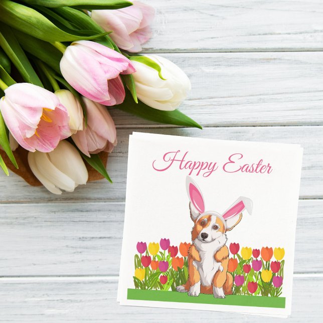 Cute Corgi Easter Bunny Tulip Flowers Party Napkins (Creator Uploaded)