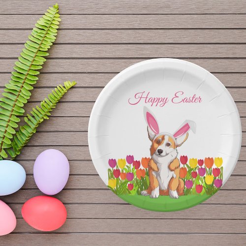 Cute Corgi Easter Bunny Tulip Flowers Party Paper Plates