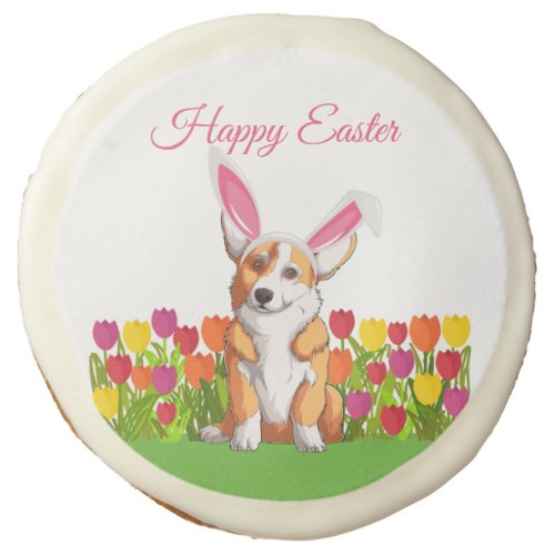 Cute Corgi Easter Bunny Tulip Flowers Party Sugar Cookie