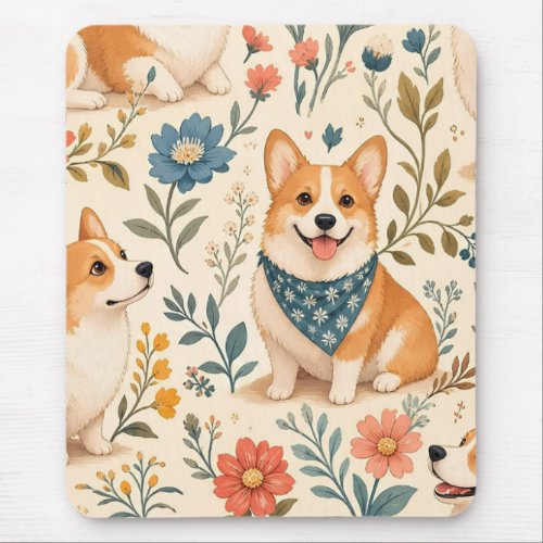 Cute Corgi Floral Garden Pattern Mouse Pad
