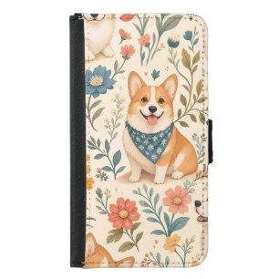 Cute Corgi Floral Garden Pattern Samsung Galaxy S5 Wallet Case