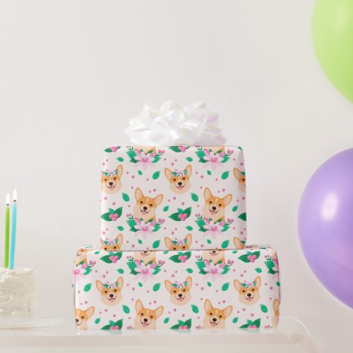 Cute Corgi Floral Wrapping Paper