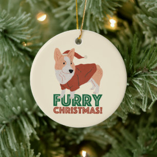 Cute Corgi Furry Christmas Ceramic Ornament
