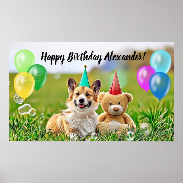 Cute Corgi Happy Birthday Party Poster (Front)