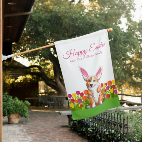 Cute Corgi Happy Easter Bunny Flowers Custom House Flag