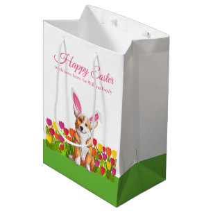 Cute Corgi Happy Easter Bunny Flowers Custom Medium Gift Bag