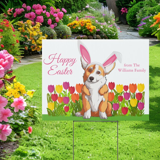 Cute Corgi Happy Easter Bunny Flowers Custom Yard Sign (Creator Uploaded)