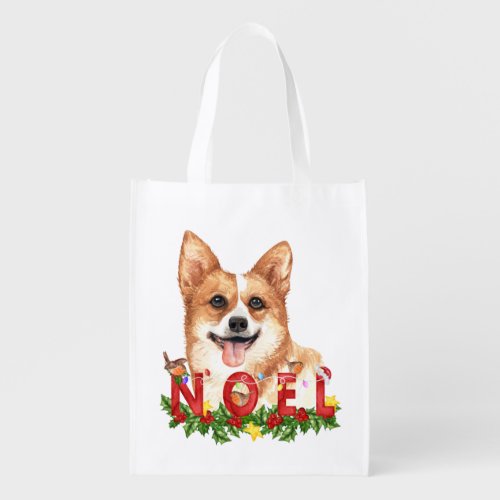 Cute Corgi Holiday Portrait   Grocery Bag