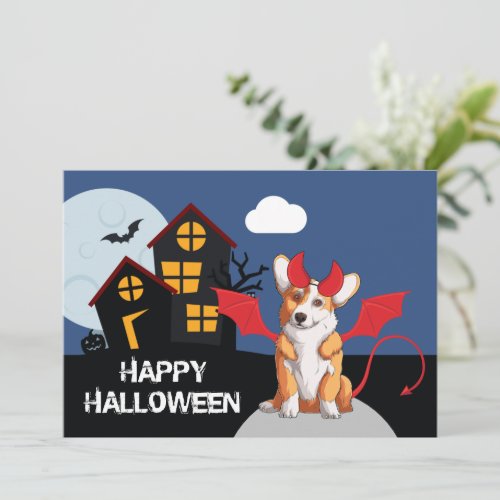 Cute Corgi in Devil Costume Halloween Holiday Card