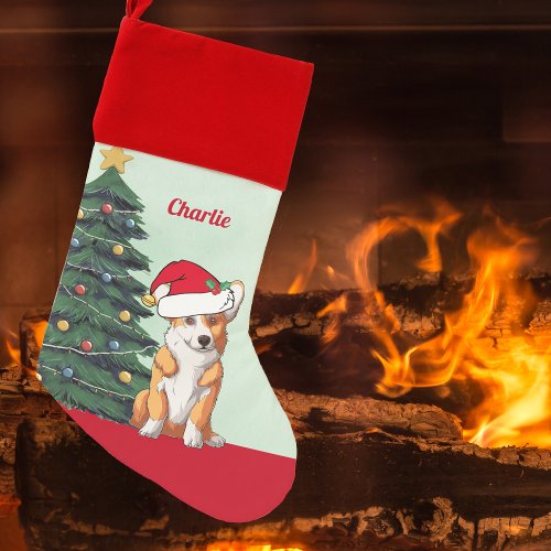 Cute Corgi in Santa Hat Personalized Christmas  Christmas Stocking